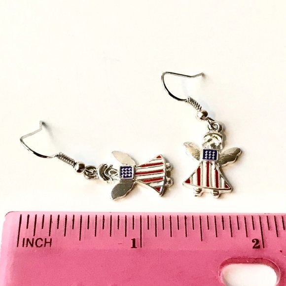 USA American Flag Necklace Earrings Set Angel Patriotic July 4th Enamel 18" - Picture 11 of 12